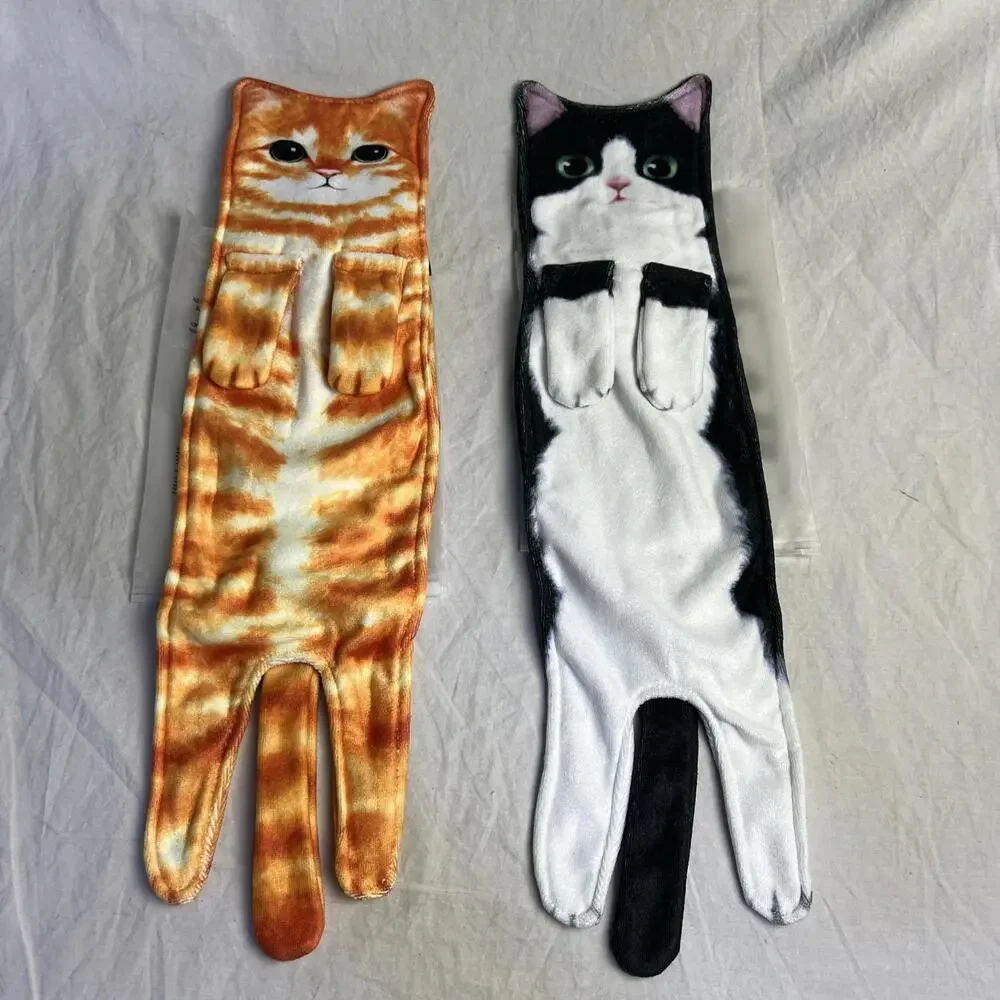 Funny Hand Towels, Cute Cat Decor Hanging Washcloths & Face, Orange, White/Black